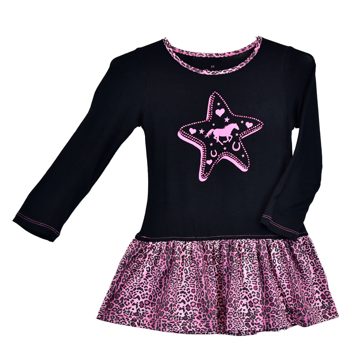 Toddler Girl's Cowgirl Hardware Black and Pink Wavy Star Mini Leopard Long Sleeve Dress from Cowboy Hardware