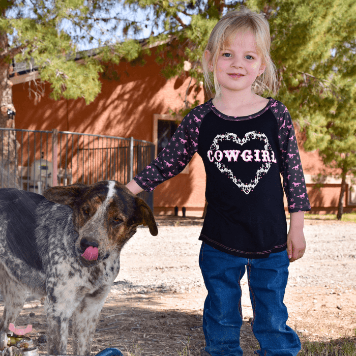 Toddler Girl's Cowgirl Hardware Cowgirl Heart Daisy Rider Sleeve Black Raglan from Cowboy Hardware