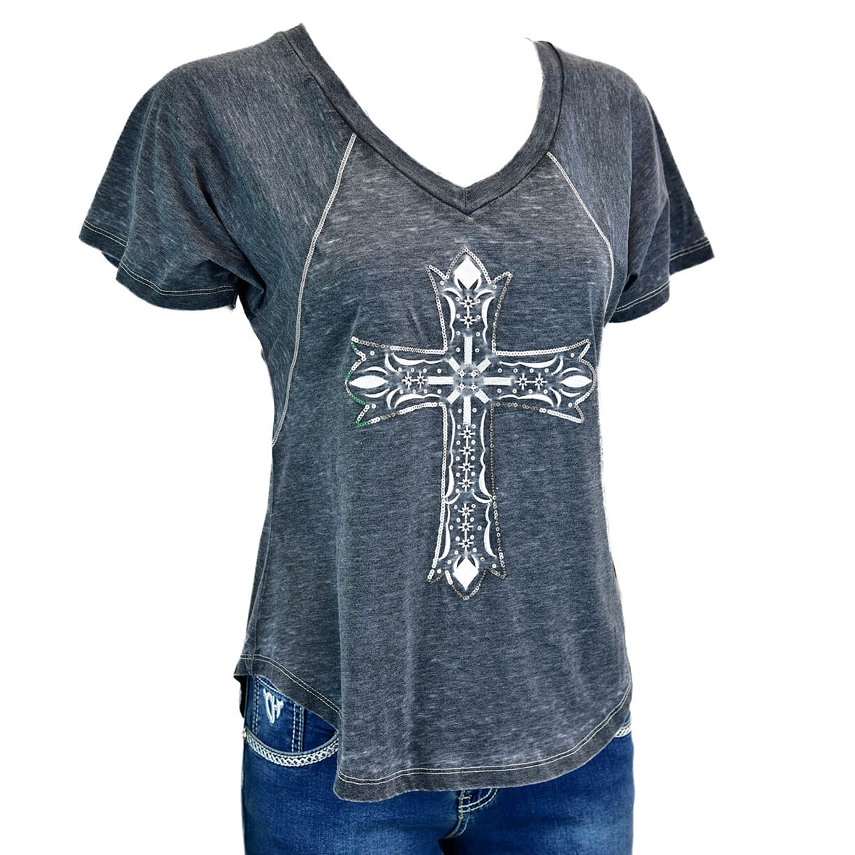 Women's CH Black "Sequin Cross" Short Sleeve Top from Cowboy Hardware