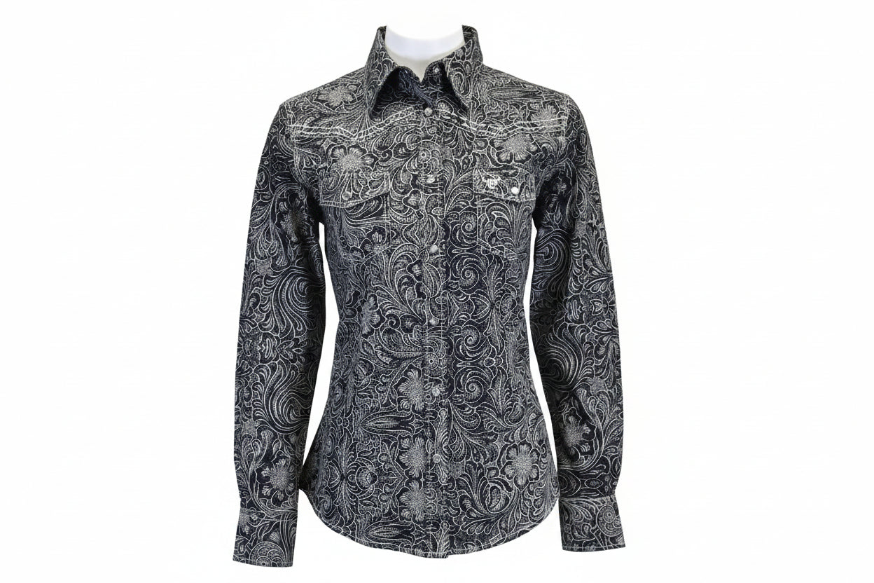 Women's CH Black "Tooled Floral" Long Sleeve Western Shirt from Cowboy Hardware
