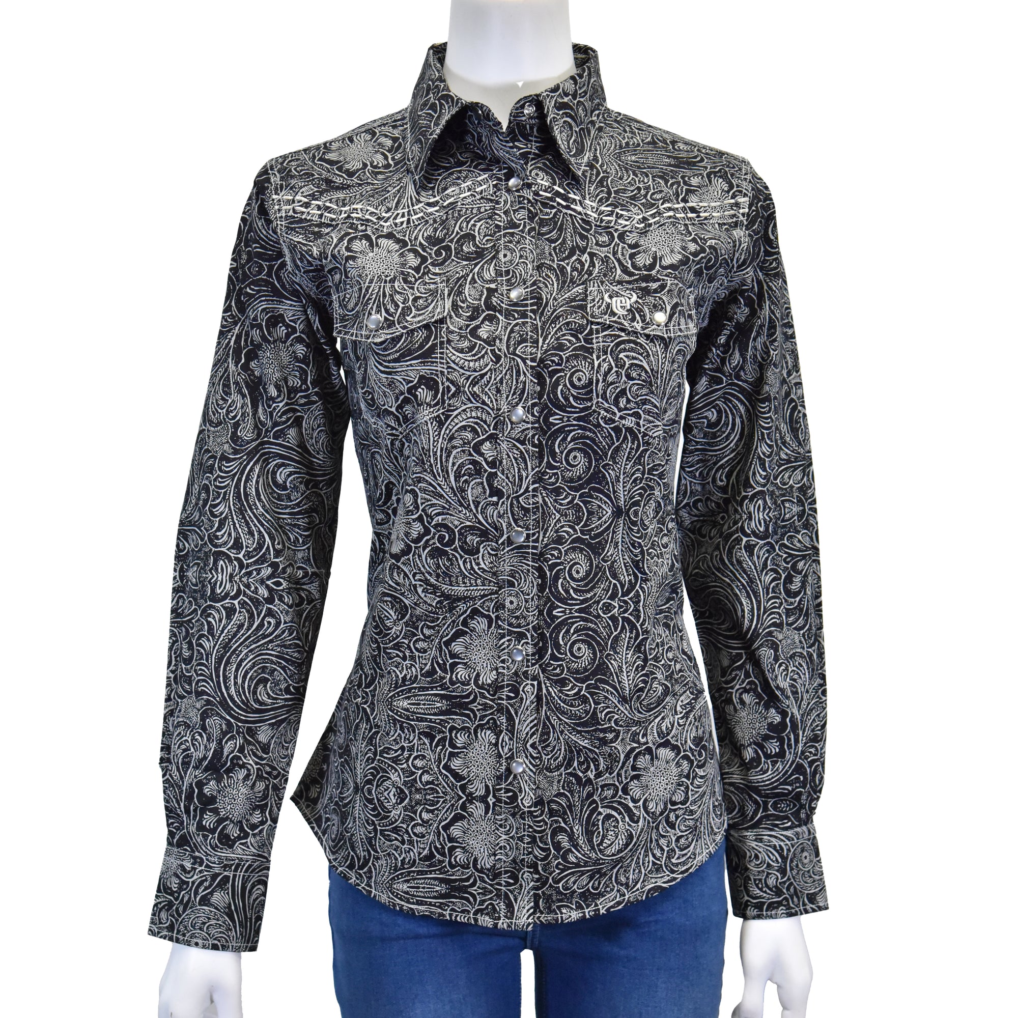 Women's CH Black "Tooled Floral" Long Sleeve Western Shirt from Cowboy Hardware