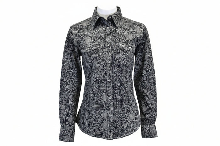 Women's CH Black "Tooled Floral" Long Sleeve Western Shirt from Cowboy Hardware