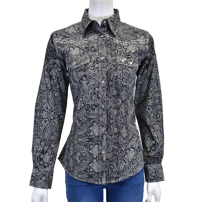 Women's CH Black "Tooled Floral" Long Sleeve Western Shirt from Cowboy Hardware