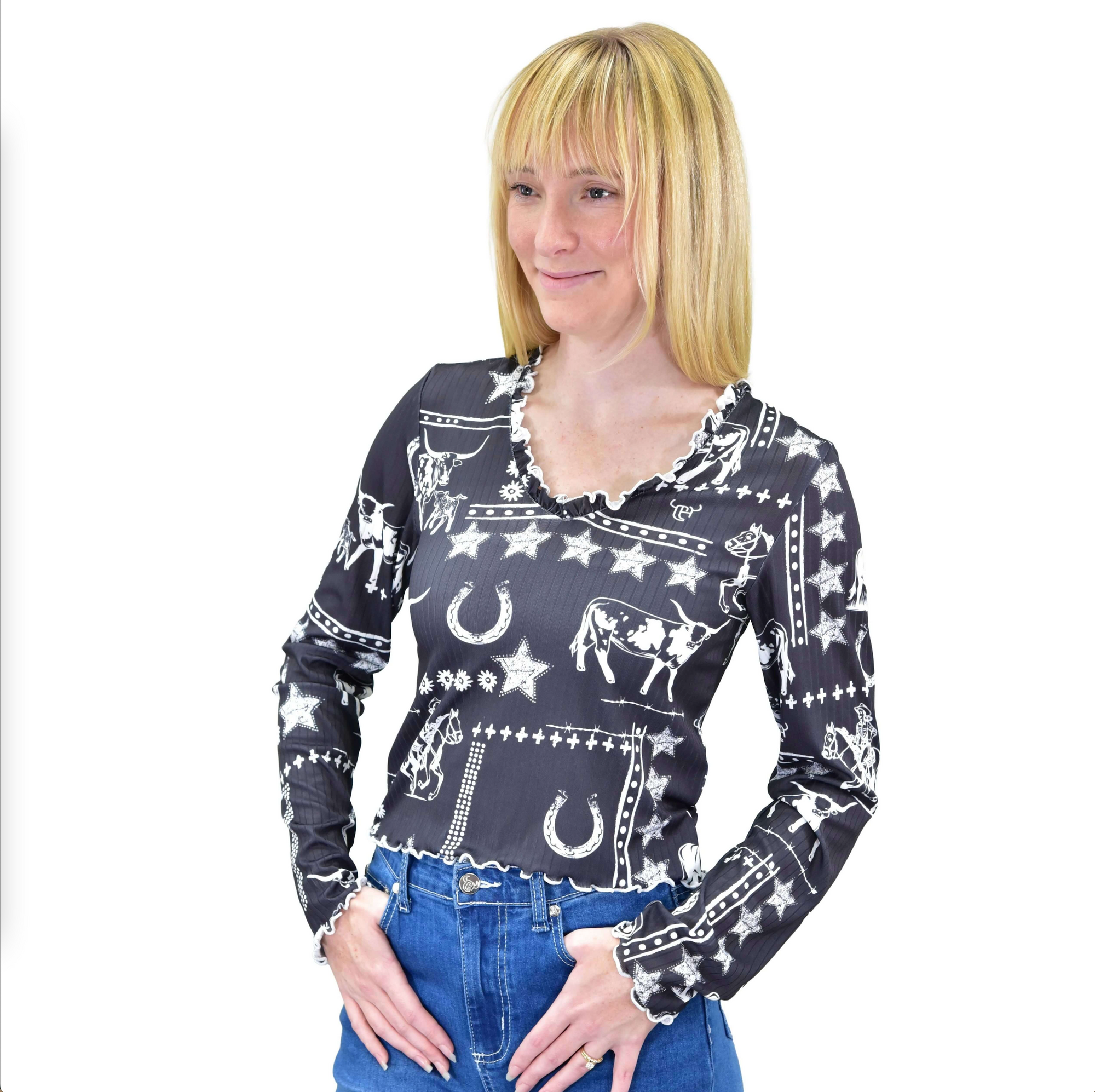 Women's CH Black "Western Liberty" Long Sleeve Blouse from Cowboy Hardware
