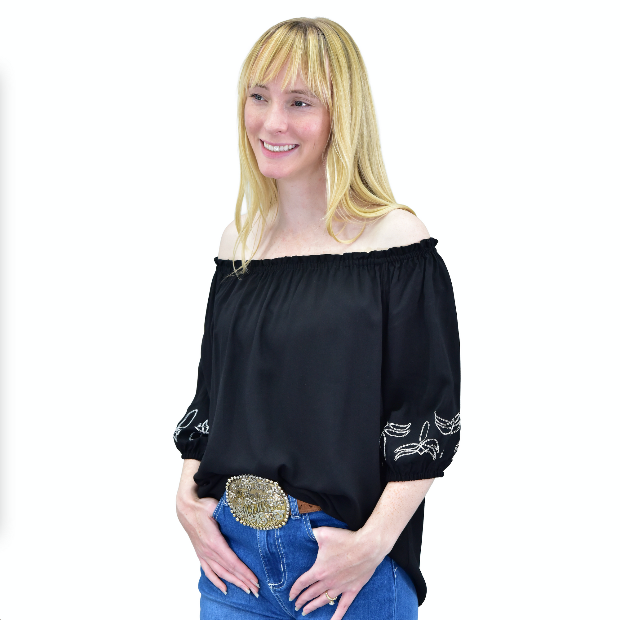 Women's CH Black "Boot Stitch" 3/4 Sleeve Wrap Blouse from Cowboy Hardware