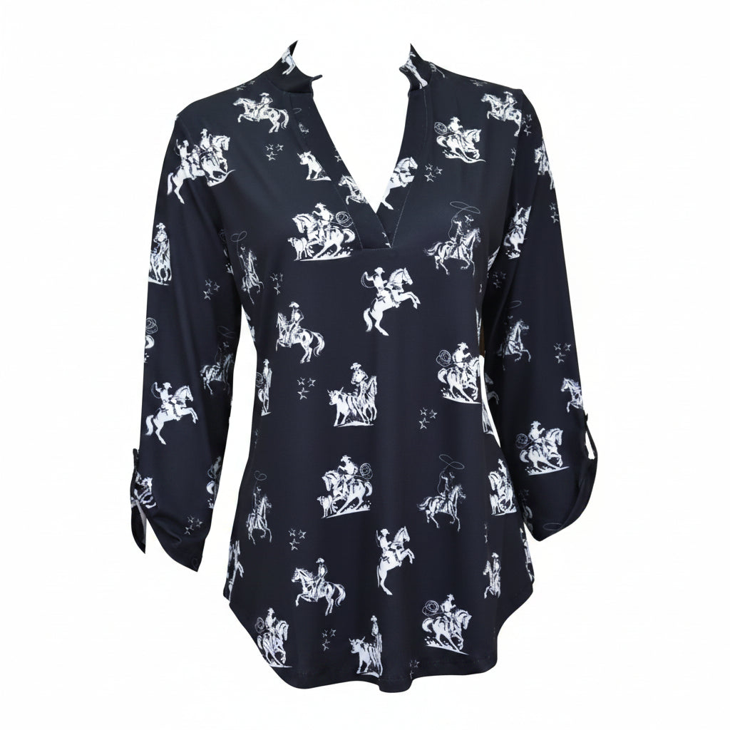 Women’s CH Black “Desert Bronc” ¾ Sleeve Top from Cowboy Hardware