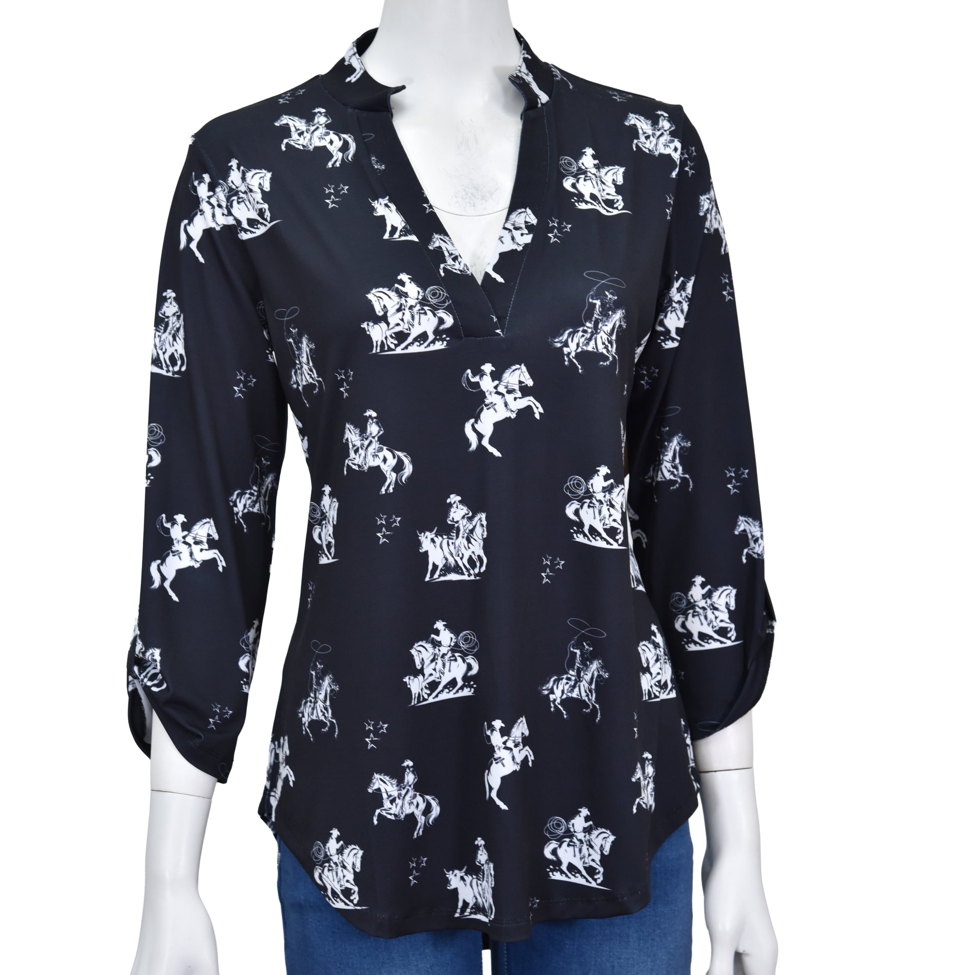 Women’s CH Black “Desert Bronc” ¾ Sleeve Top from Cowboy Hardware