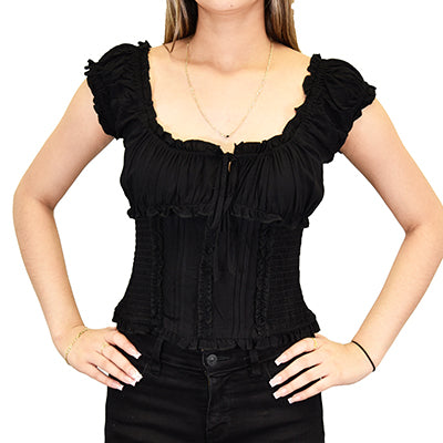 Women's CH Black "Ruffle Sleeve" Short Sleeve Smock Top from Cowboy Hardware
