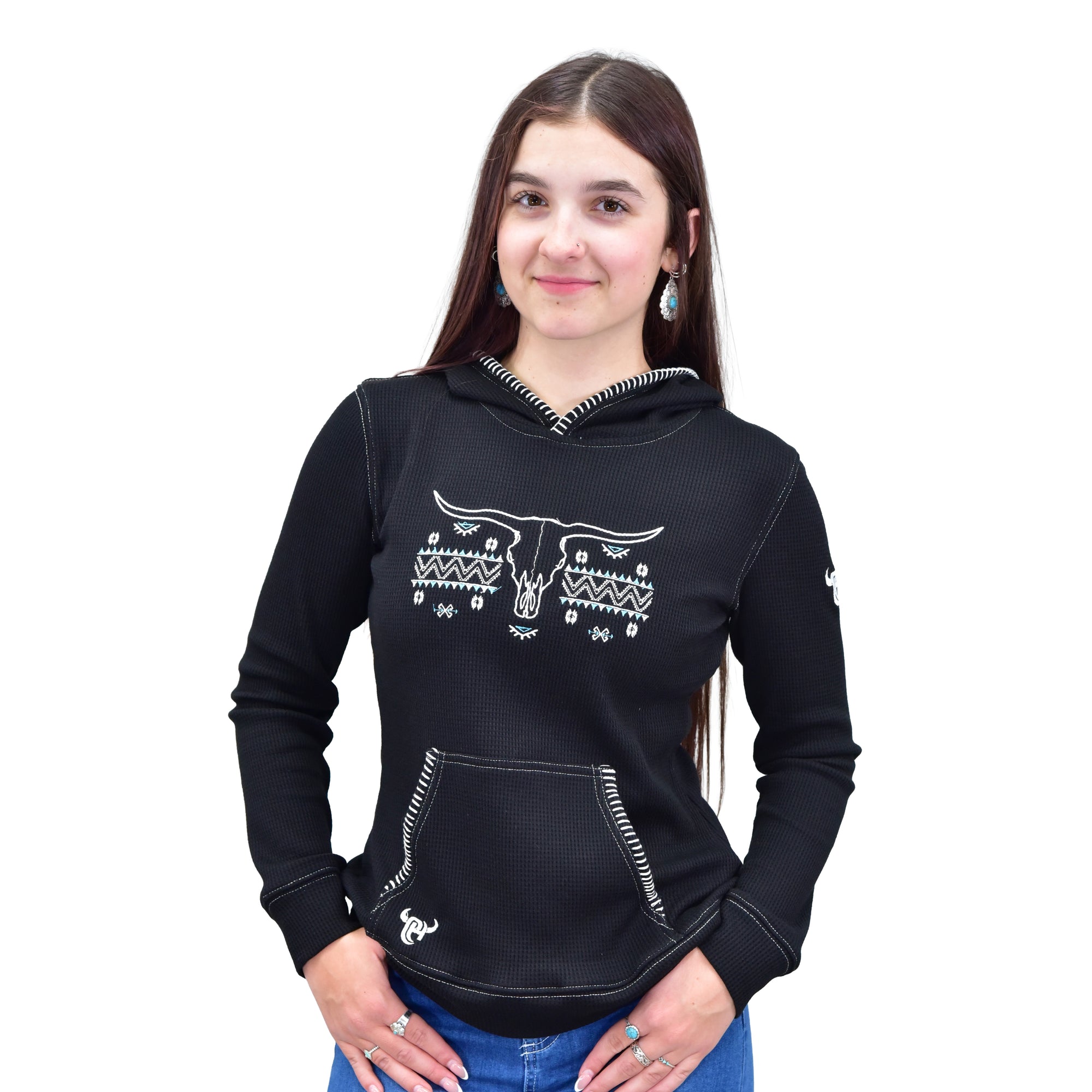 Women's CH Black "Skull Aztec" Long Sleeve w/Hood Thermal Shirt from Cowboy Hardware