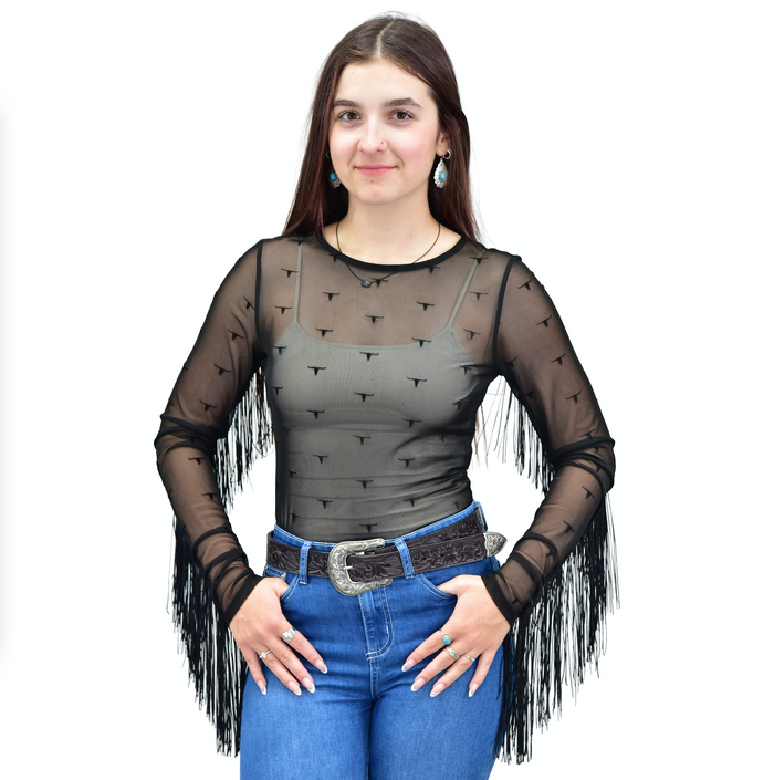 Women's CH Black "Skull Scatter" Long Sleeve Mesh Top from Cowboy Hardware