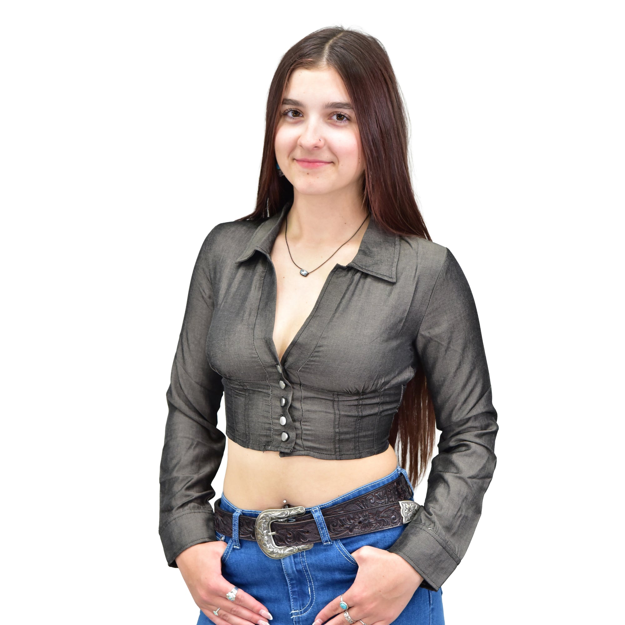 Women's CH Black "Tencel Button-Up" Long Sleeve Top from Cowboy Hardware