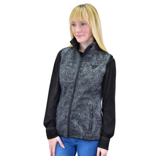 Women's CH Black "Tooled Floral" Poly Shell Vest from Cowboy Hardware