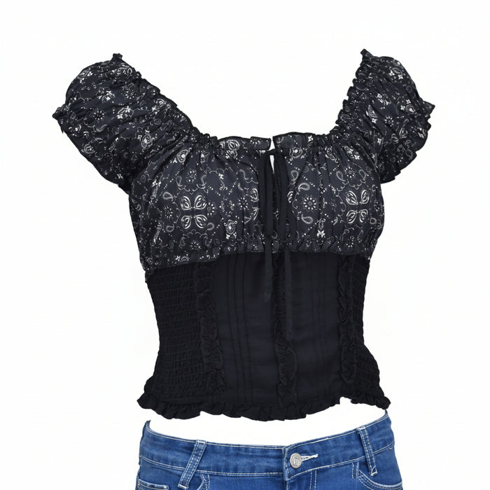 Women’s CH Black “True Bandana” Ruffle Short Sleeve Top from Cowboy Hardware