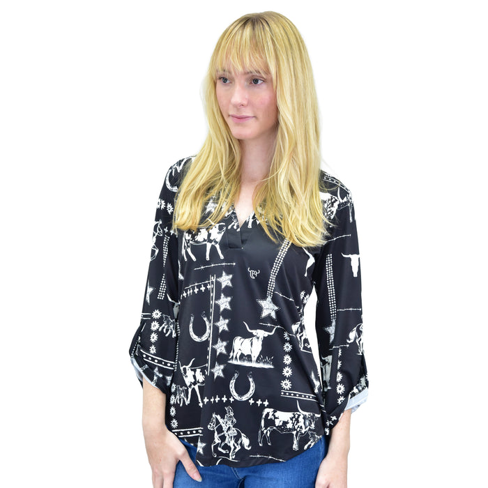 Women's CH Black "Western Liberty" 3/4 Sleeve Hi Lo Top from Cowboy Hardware
