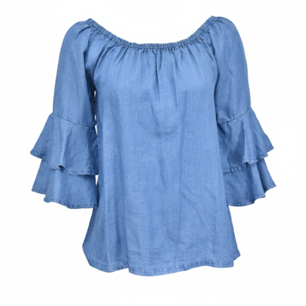 Women’s CH Blue “Faux Denim” Double Ruffle ¾ Sleeve Blouse from Cowboy Hardware