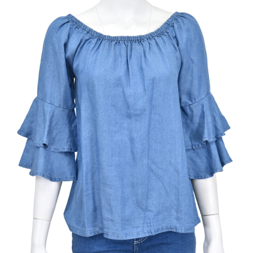 Women’s CH Blue “Faux Denim” Double Ruffle ¾ Sleeve Blouse from Cowboy Hardware