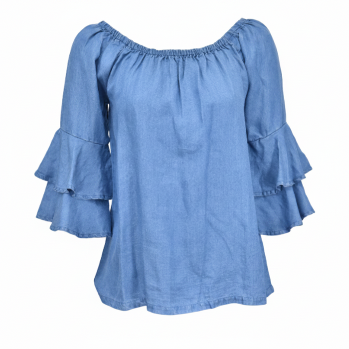 Women’s CH Blue “Faux Denim” Double Ruffle ¾ Sleeve Blouse from Cowboy Hardware