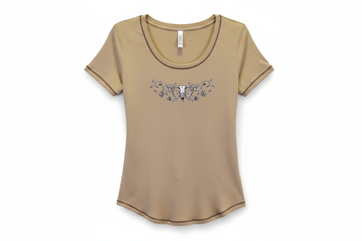 Women's CH Buckskin "Steer Roses" Scoop Neck Short Sleeve Top