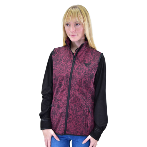 Women's CH Burgundy "Tooled Floral" Poly Shell Vest from Cowboy Hardware