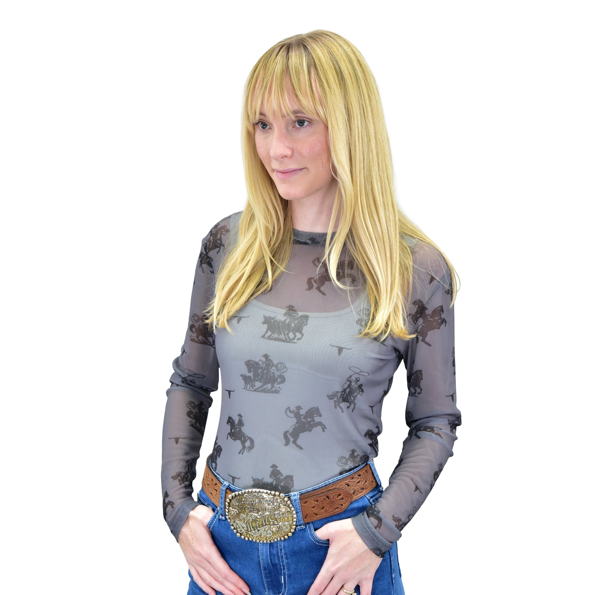 Women's CH Charcoal "Desert Bronc" Long Sleeve Mesh Top from Cowboy Hardware