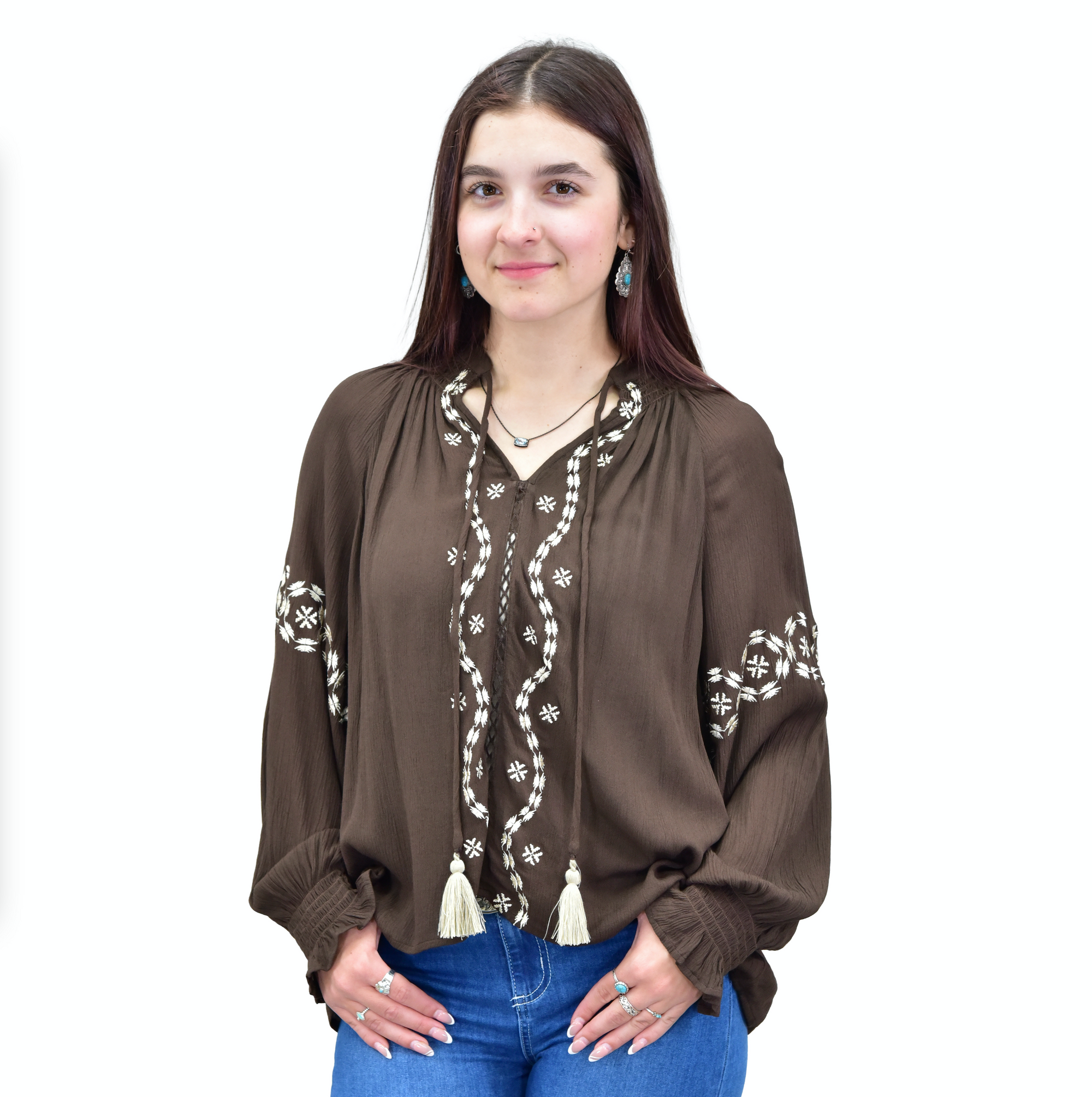 Women's CH Dark Brown "Aztec Trail" Long Sleeve Blouse from Cowboy Hardware