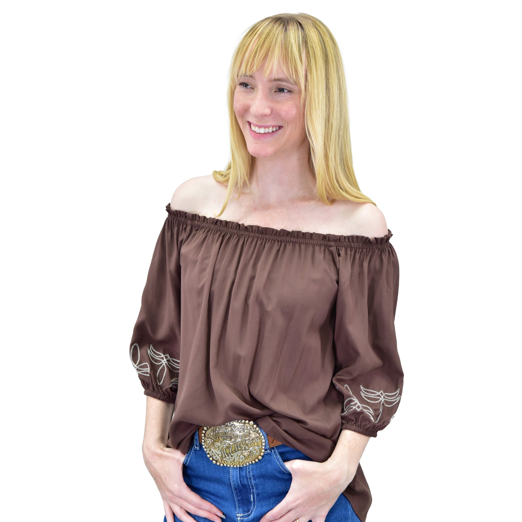 Women's CH Dark Brown "Boot Stitch Sleevewrap" 3/4 Sleeve Blouse from Cowboy Hardware