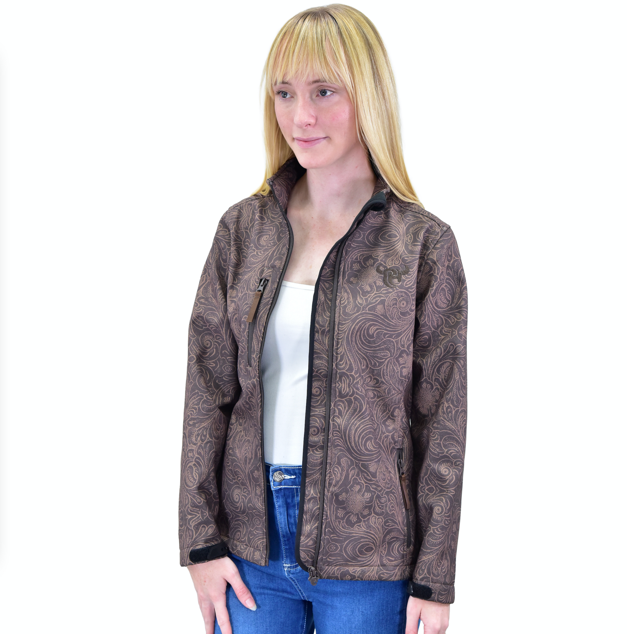 Women's CH Dark Brown "Tooled Floral" Poly Shell Jacket from Cowboy Hardware