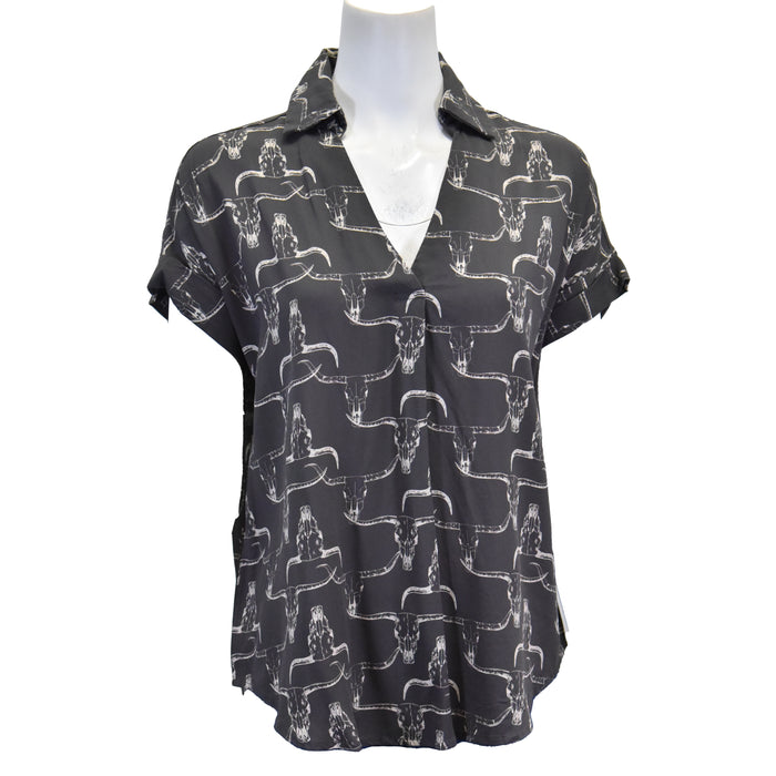 Women's CH Dark Chocolate "Skull Collared" Short Sleeve Shirt from Cowboy Hardware