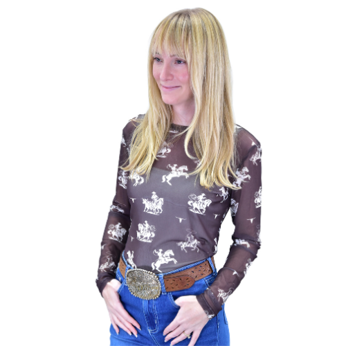 Women's CH Dark Chocolate "Desert Bronc" Long Sleeve Mesh Top from Cowboy Hardware