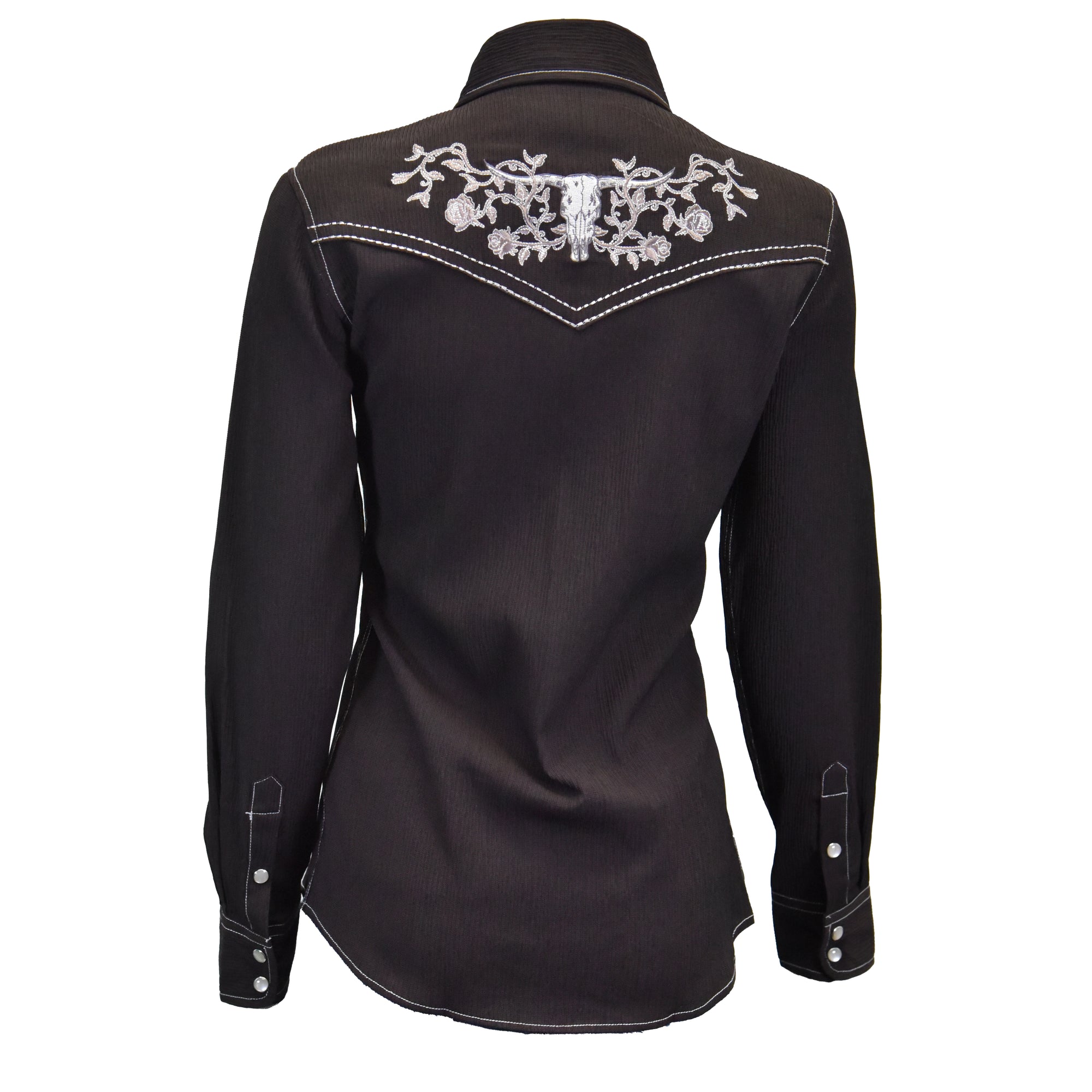 Women’s CH Dark Chocolate “Skull & Roses” Long Sleeve Western Shirt from Cowboy Hardware Back View