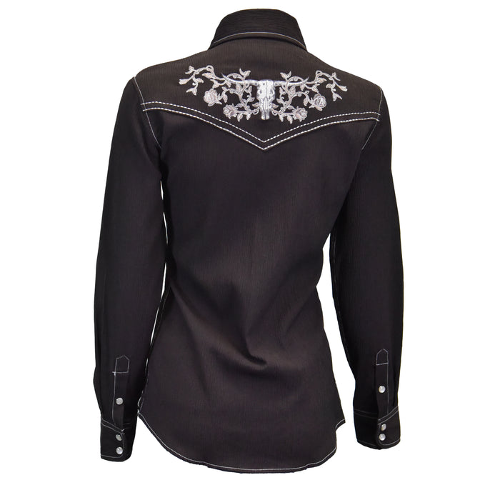 Women’s CH Dark Chocolate “Skull & Roses” Long Sleeve Western Shirt from Cowboy Hardware Back View