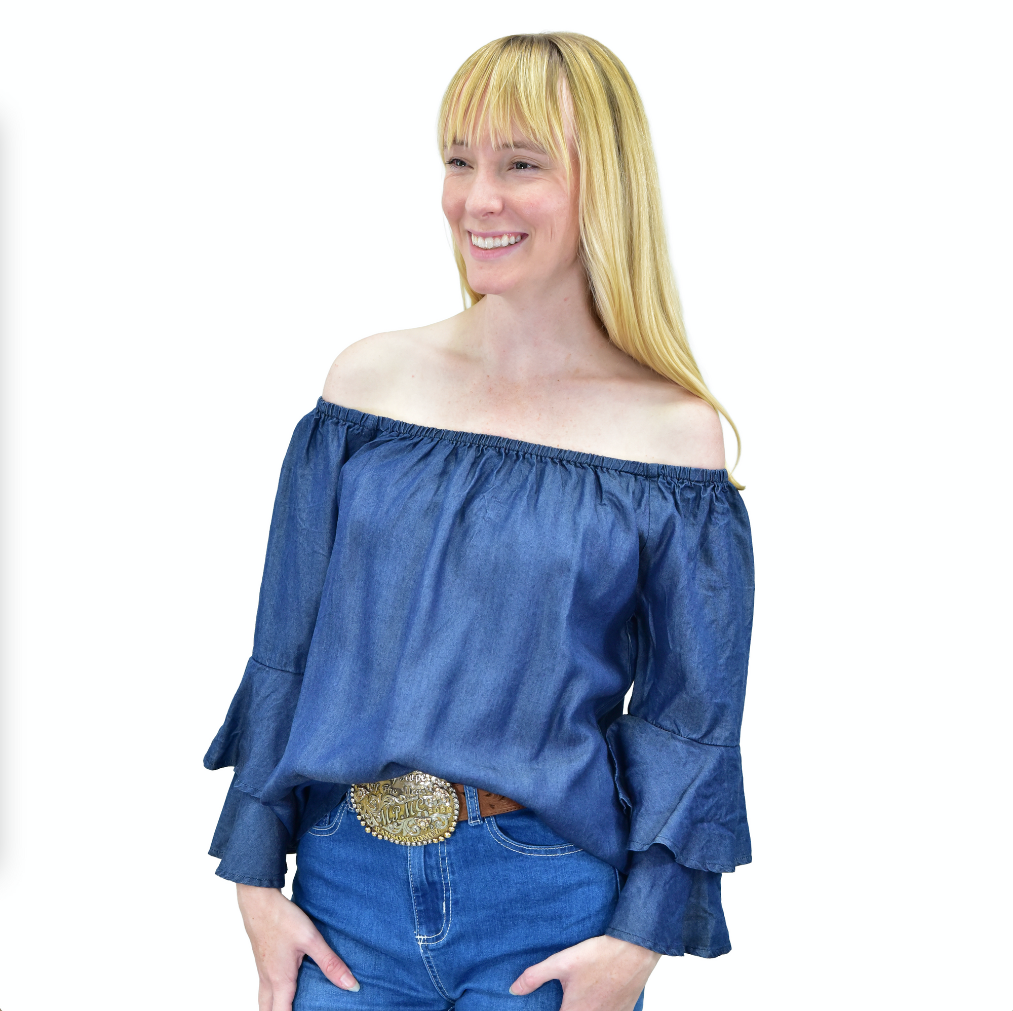 Women's CH Deep Blue "Tencel Dbl Ruffle" 3/4 Sleeve Top from Cowboy Hardware