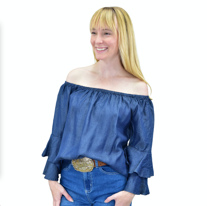 Women's CH Deep Blue "Tencel Dbl Ruffle" 3/4 Sleeve Top from Cowboy Hardware