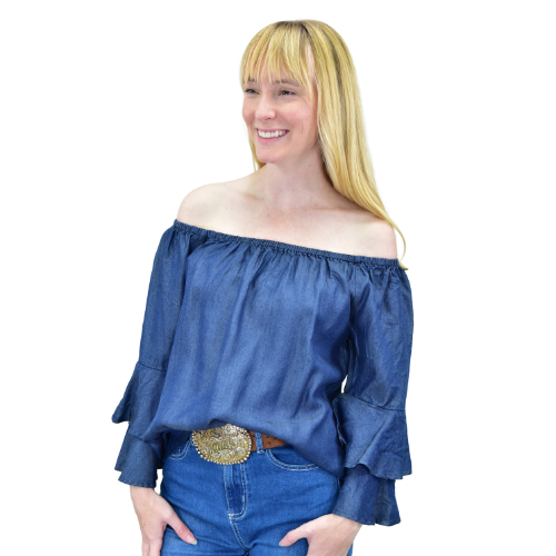 Women's CH Deep Blue "Tencel Dbl Ruffle" 3/4 Sleeve Top from Cowboy Hardware
