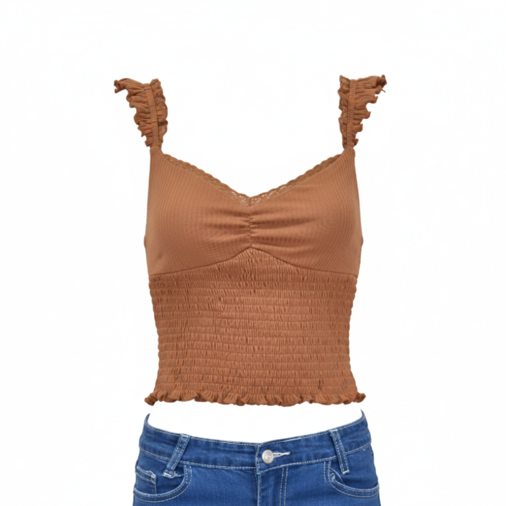 Women’s CH Mocha “Ruffle Strap” Short Sleeve Top from Cowboy Hardware