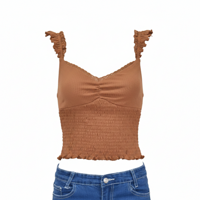 Women’s CH Mocha “Ruffle Strap” Short Sleeve Top from Cowboy Hardware