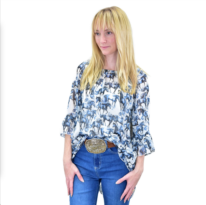 Women's CH Navy "Horse Herd" 3/4 Sleeve Blouse from Cowboy Hardware