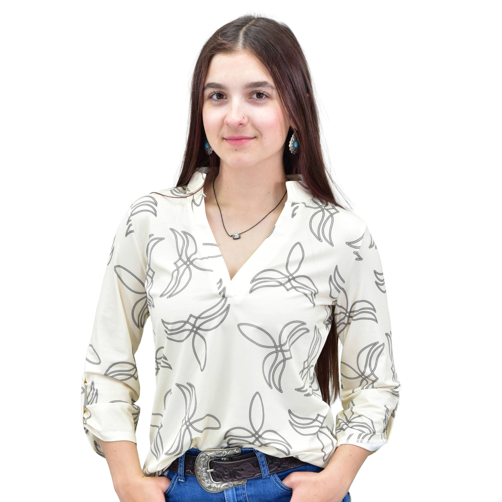 Women's CH Off-White "Boot Stitch" 3/4 Sleeve Blouse from Cowboy Hardware