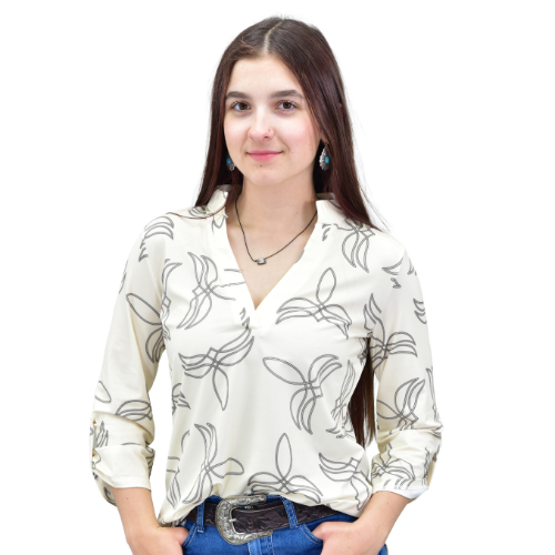 Women's CH Off-White "Boot Stitch" 3/4 Sleeve Blouse from Cowboy Hardware