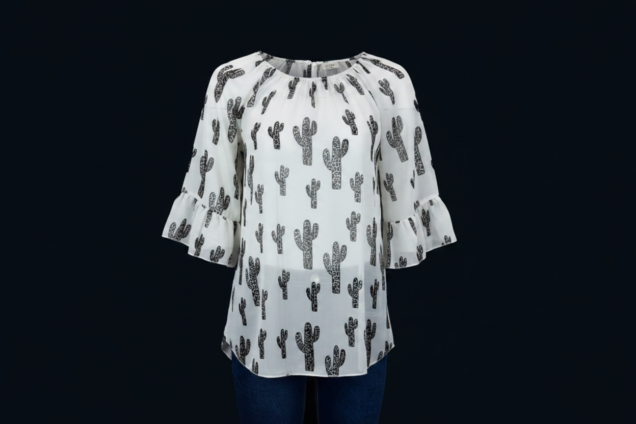 Women's CH Off White "Leopard Cactus" 3/4 Sleeve Blouse from Cowboy Hardware