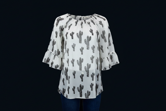 Women's CH Off White "Leopard Cactus" 3/4 Sleeve Blouse from Cowboy Hardware