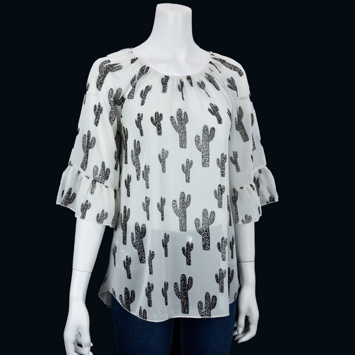 Women's CH Off White "Leopard Cactus" 3/4 Sleeve Blouse from Cowboy Hardware