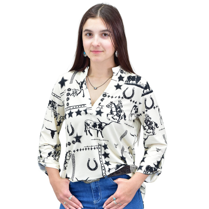 Women's CH Off-White "Western Liberty" 3/4 Sleeve Hi Lo Top from Cowboy Hardware
