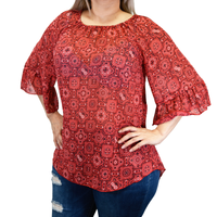 Women's CH Red "Vine Bandana" Chiffon Bell Sleeve Blouse from Cowboy Hardware