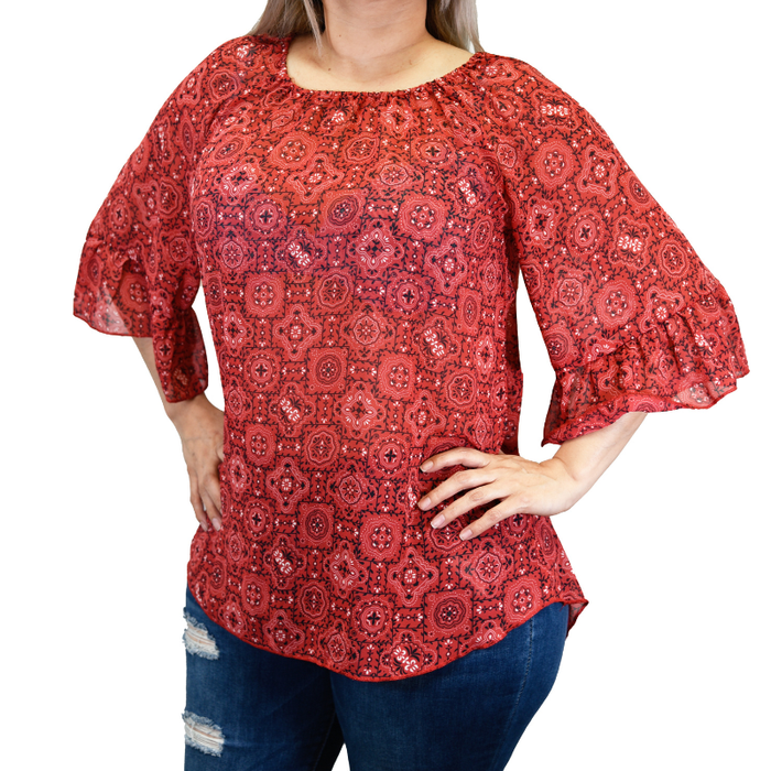 Women's CH Red "Vine Bandana" Chiffon Bell Sleeve Blouse from Cowboy Hardware