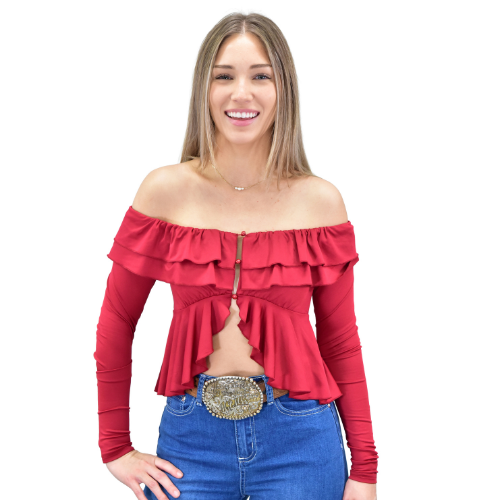 Women's CH Red "Ruffle Button Up" Long Sleeve Top from Cowboy Hardware