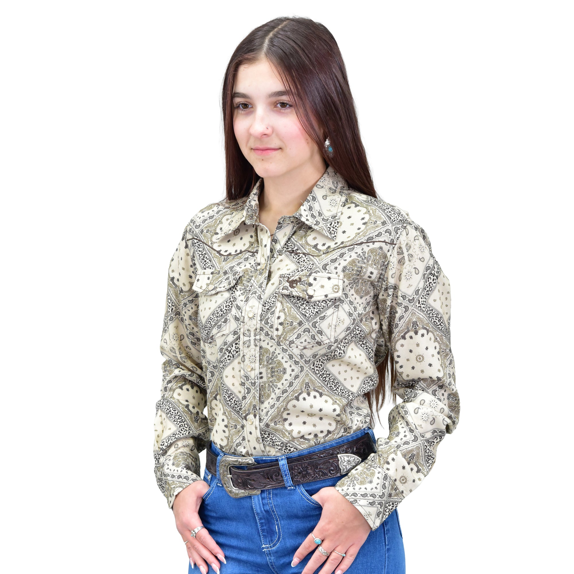 Women's CH Tan "Leopard Bandana" Long Sleeve Western Shirt from Cowboy Hardware