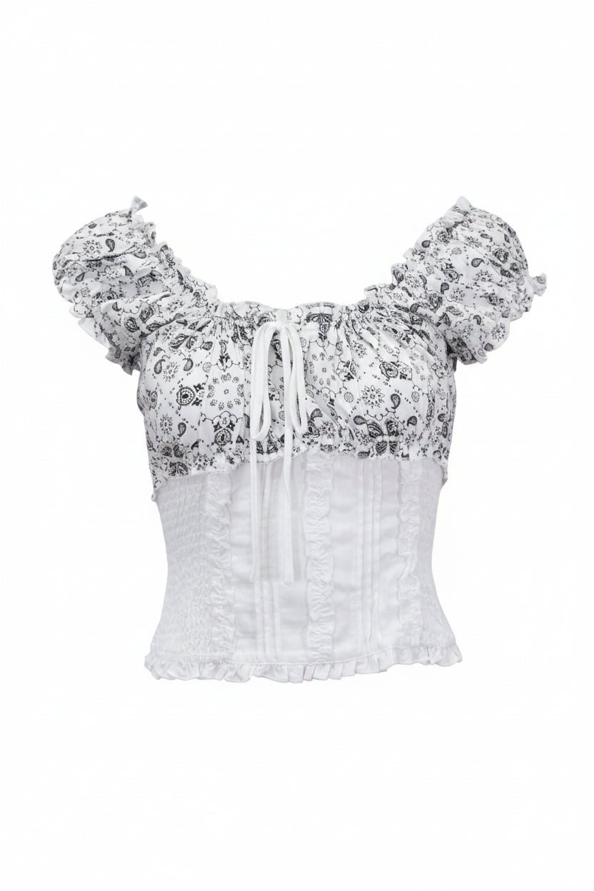Women's CH White True Bandana Ruffle Short Sleeve Top from Cowboy Hardware
