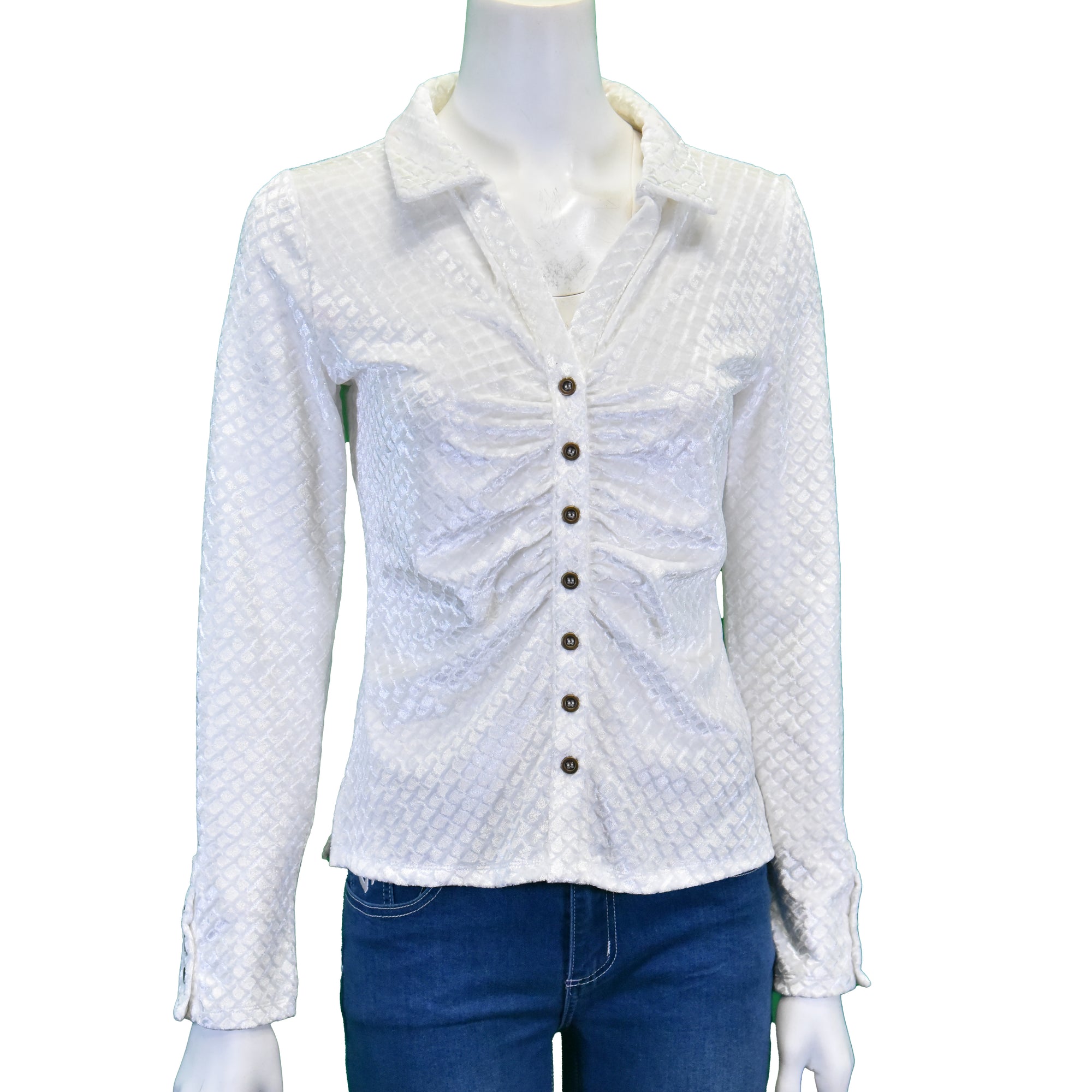 Women's CH White "Velvet Button Up V-Neck" Long Sleeve Top from Cowboy Hardware