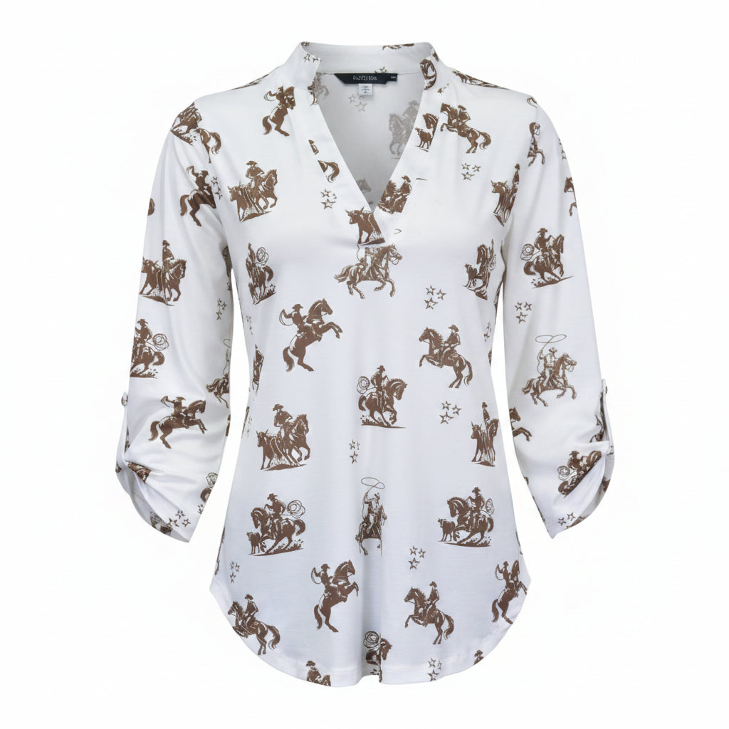 Women’s CH White “Desert Bronc” ¾ Sleeve Top from Cowboy Hardware
